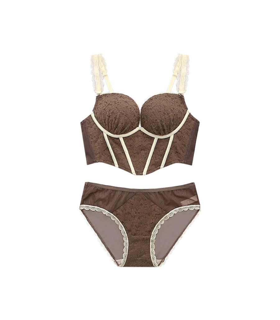 Revealing Contrasting Lace Wireless Corset Bra Set Coffee