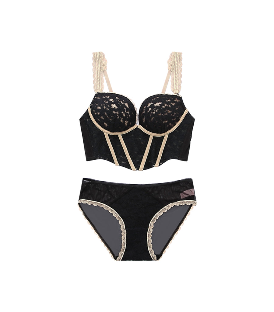 Revealing Contrasting Lace Wireless Corset Bra Set Black