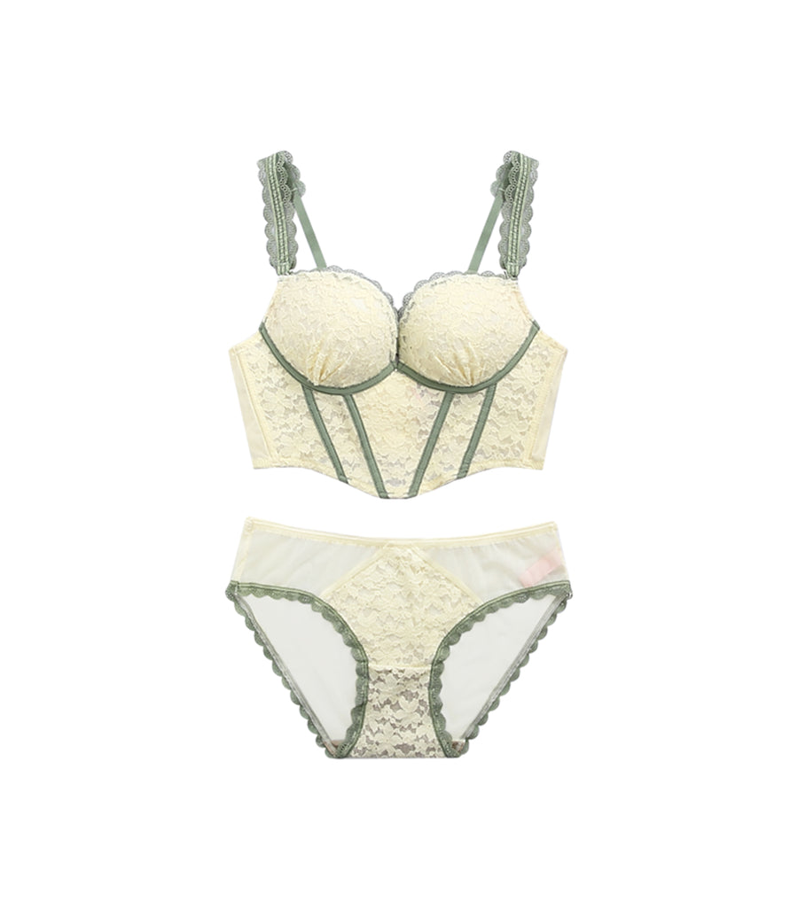 Revealing Contrasting Lace Wireless Corset Bra Set Apricot