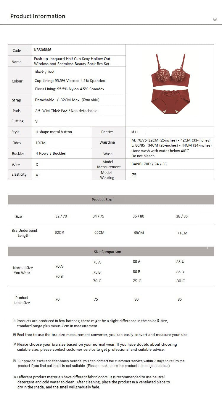 Push-up Jacquard Half Cup Sexy Wireless and Seamless Bra Set Red