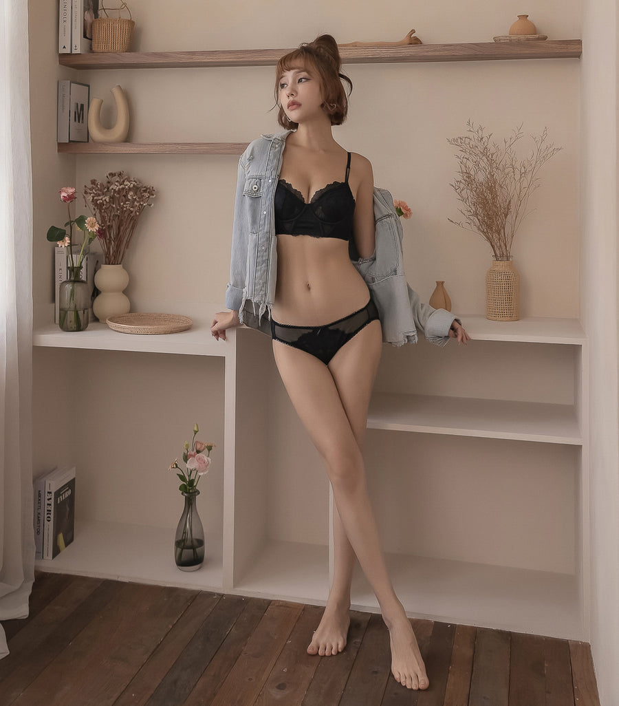 Push-up Sexy Lace Seamless and Soft Wired Beauty Back Bra Set Black