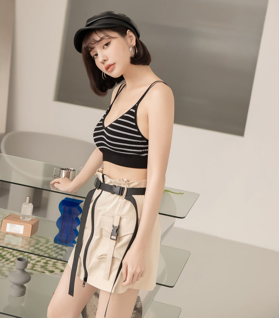V-Neck Threaded Double Strap Triangular Cup Camisole Black Stripes