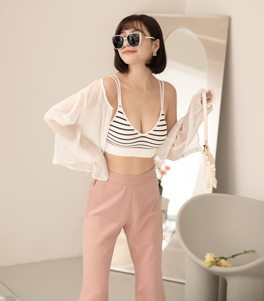 V-Neck Threaded Double Strap Triangular Cup Camisole White Stripes