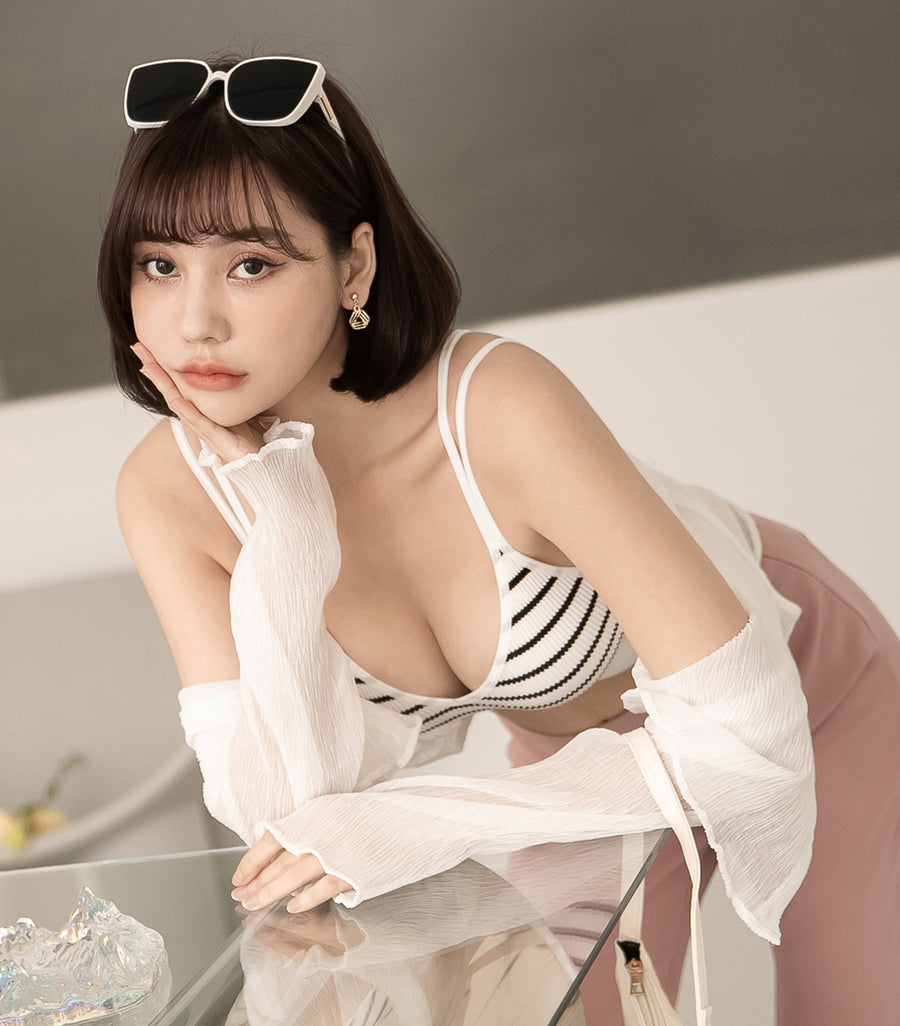 V-Neck Threaded Double Strap Triangular Cup Camisole White Stripes