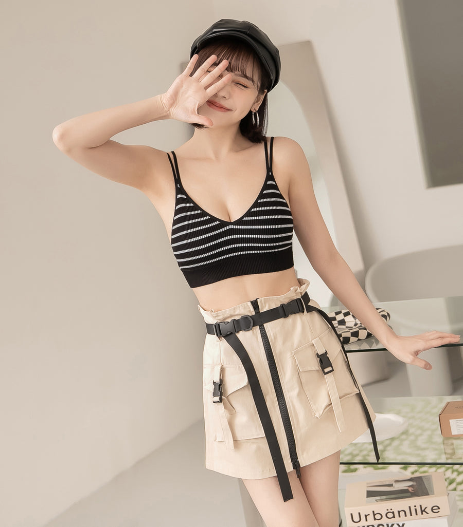 V-Neck Threaded Double Strap Triangular Cup Camisole Black Stripes