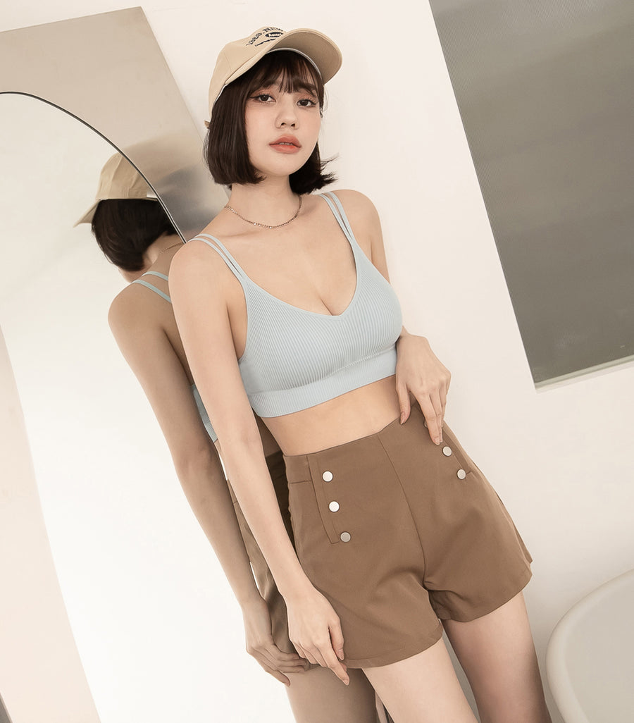 V-Neck Threaded Double Strap Triangular Cup Camisole Blue