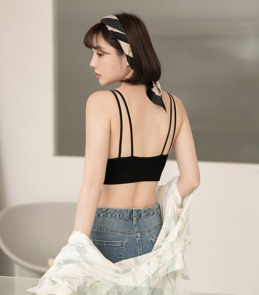 V-Neck Threaded Double Strap Triangular Cup Camisole Black
