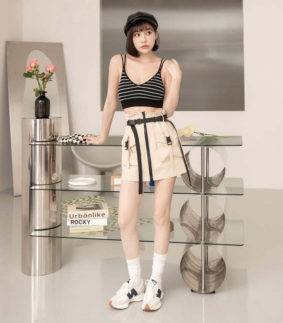 V-Neck Threaded Double Strap Triangular Cup Camisole Black Stripes