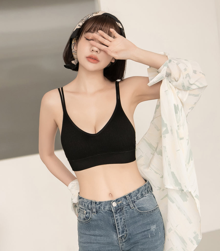 V-Neck Threaded Double Strap Triangular Cup Camisole Black