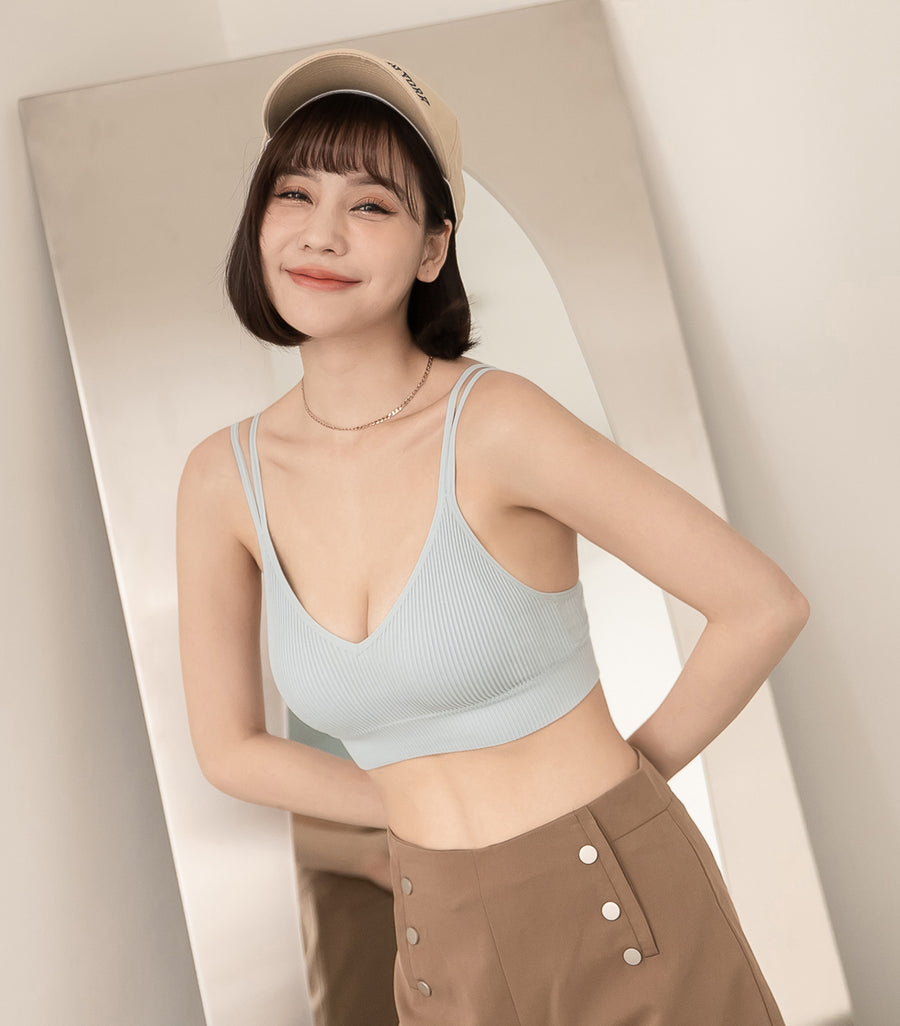 V-Neck Threaded Double Strap Triangular Cup Camisole Blue