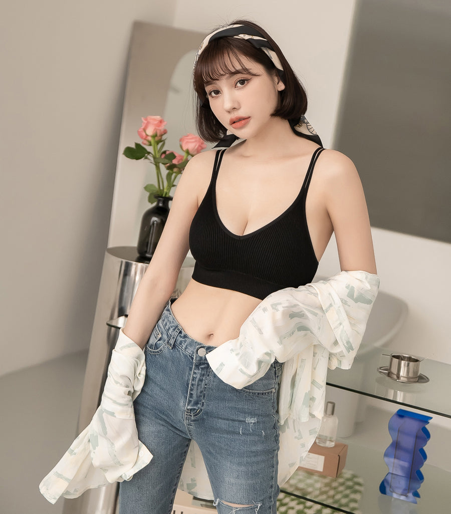 V-Neck Threaded Double Strap Triangular Cup Camisole Black