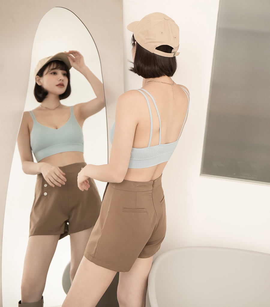 V-Neck Threaded Double Strap Triangular Cup Camisole Blue