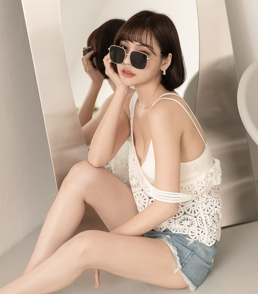V-Neck Threaded Double Strap Triangular Cup Camisole Beige