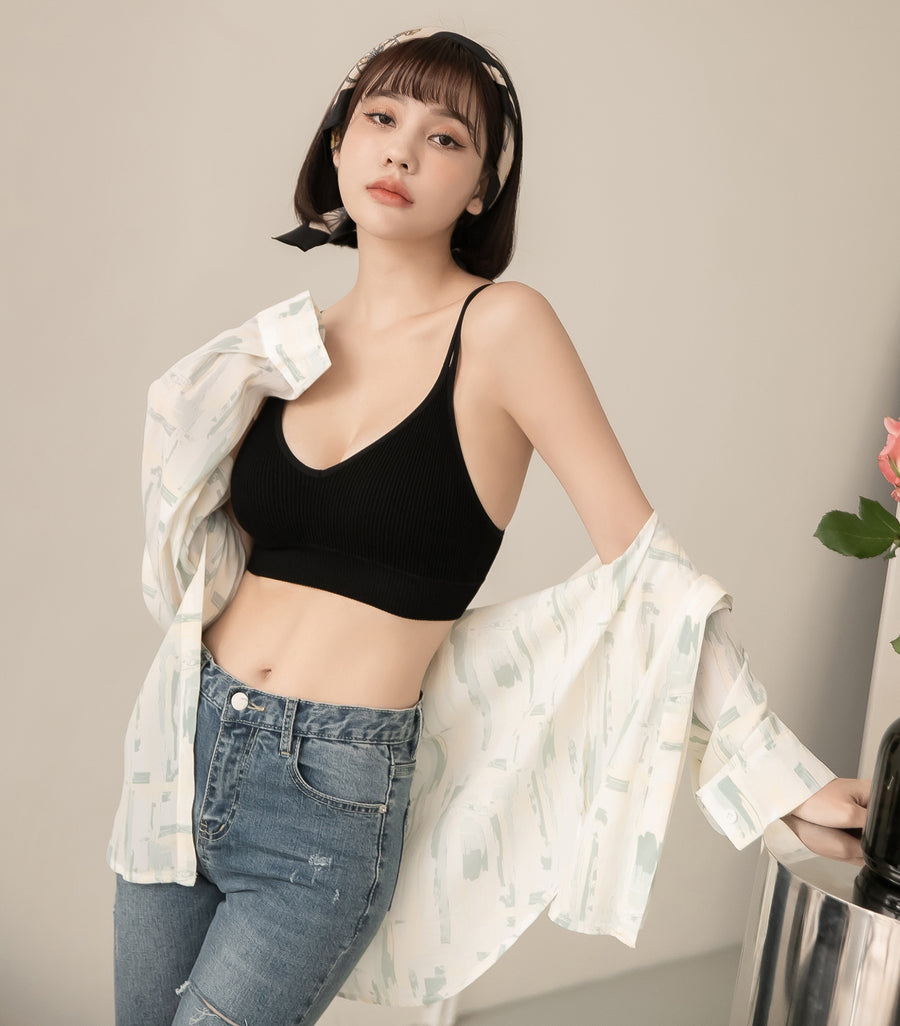 V-Neck Threaded Double Strap Triangular Cup Camisole Black