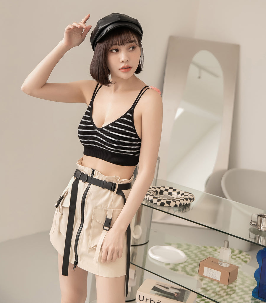 V-Neck Threaded Double Strap Triangular Cup Camisole Black Stripes