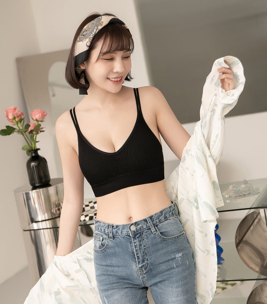 V-Neck Threaded Double Strap Triangular Cup Camisole Black