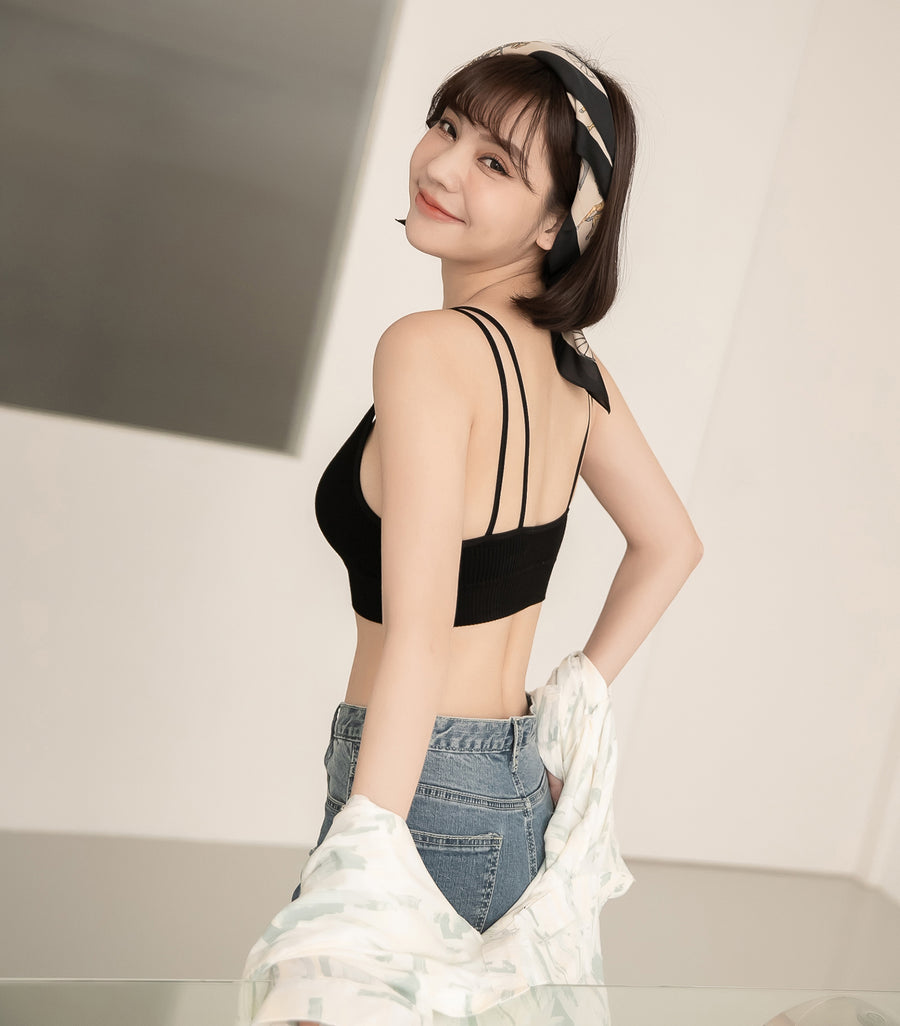 V-Neck Threaded Double Strap Triangular Cup Camisole Black