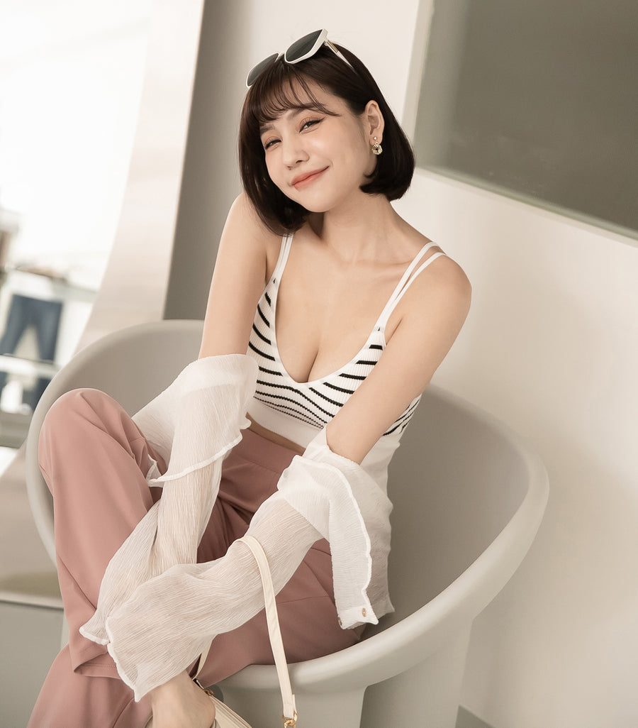 V-Neck Threaded Double Strap Triangular Cup Camisole White Stripes
