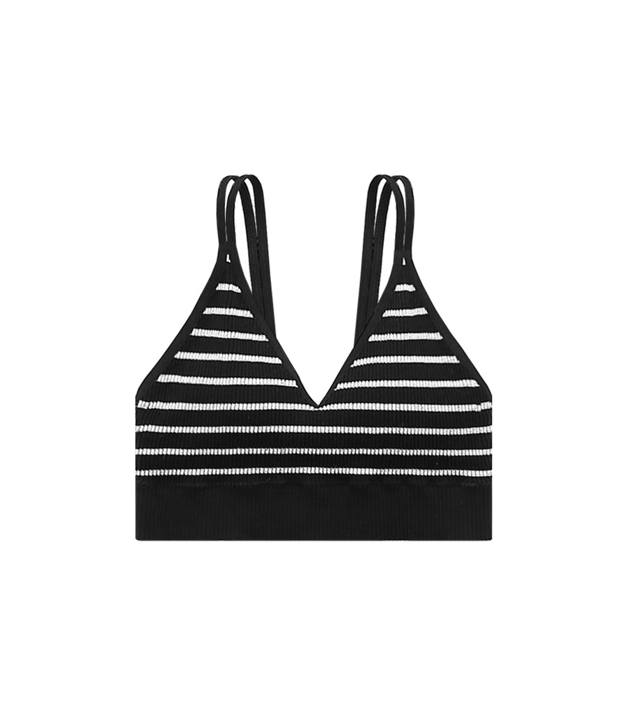 V-Neck Threaded Double Strap Triangular Cup Camisole Black Stripes