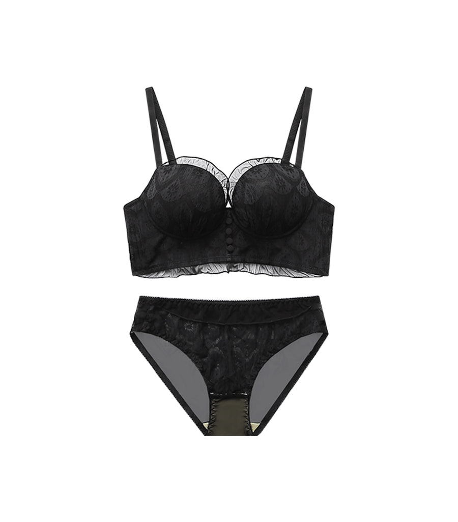 Push-up Laces Lotus Wireless Loose Vest Slim Fit Bra Set Black