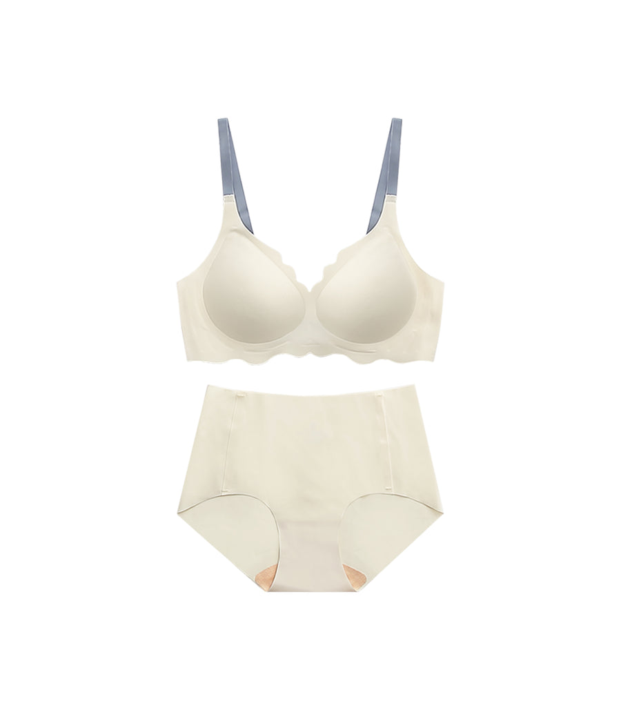 Soft and Seamless Plain Wave Pattern Wireless Bra Set Cream White