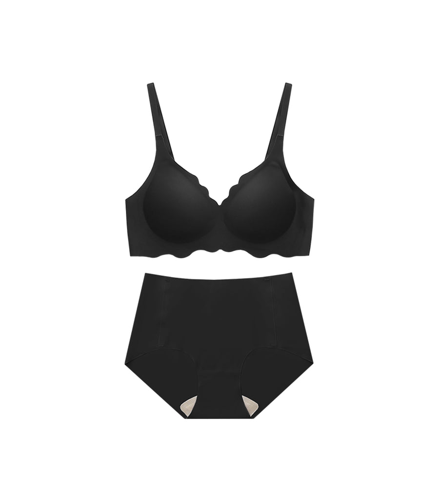 Soft and Seamless Plain Wave Pattern Wireless Bra Set Black