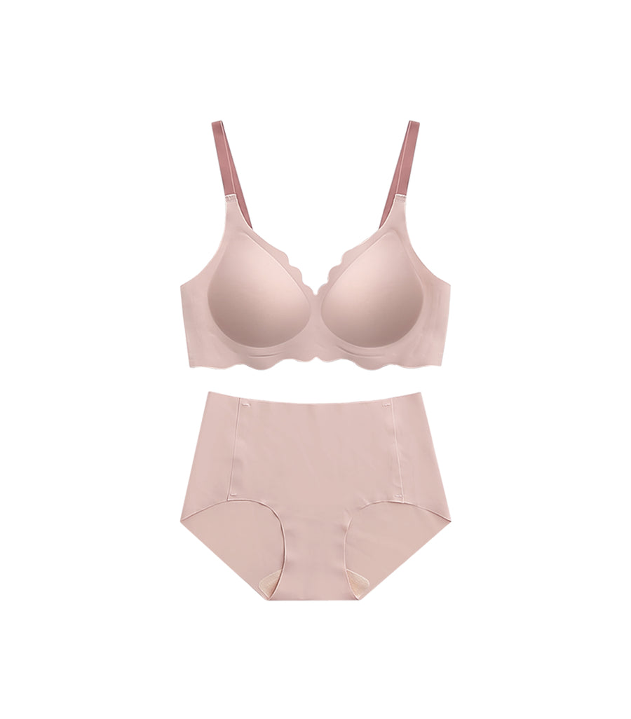 Soft and Seamless Plain Wave Pattern Wireless Bra Set Pink