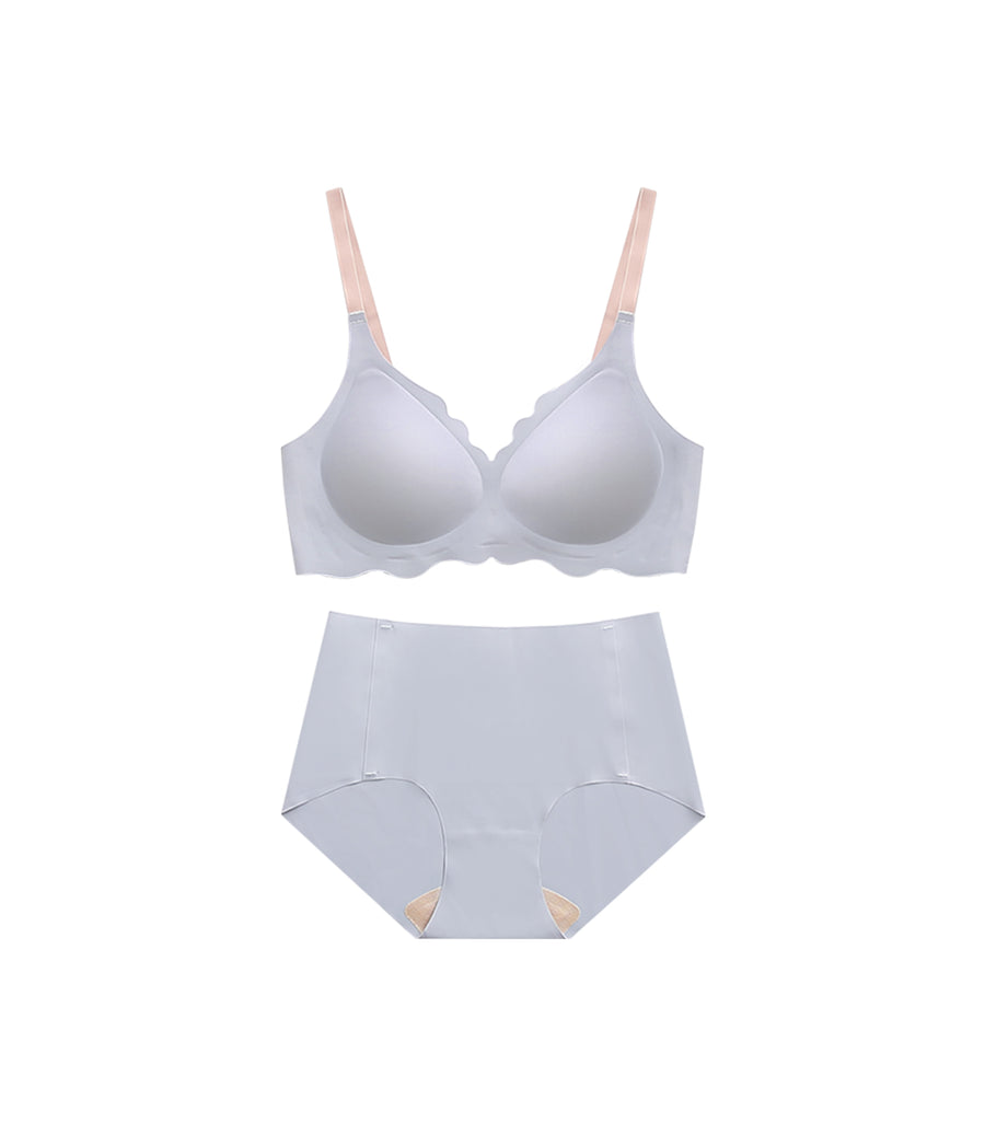 Soft and Seamless Plain Wave Pattern Wireless Bra Set Blue