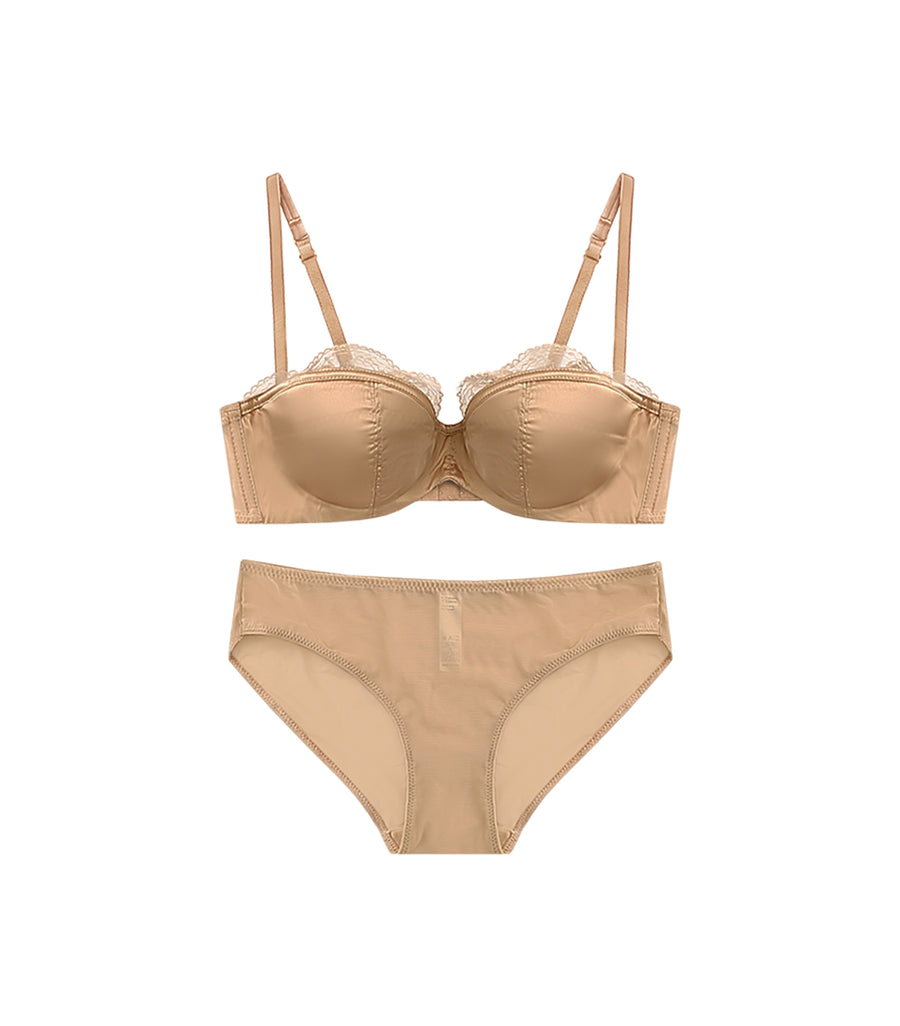 Sexy Half Cup Pearlite Satin Lace Concentrated Push-up Bra Set Nude