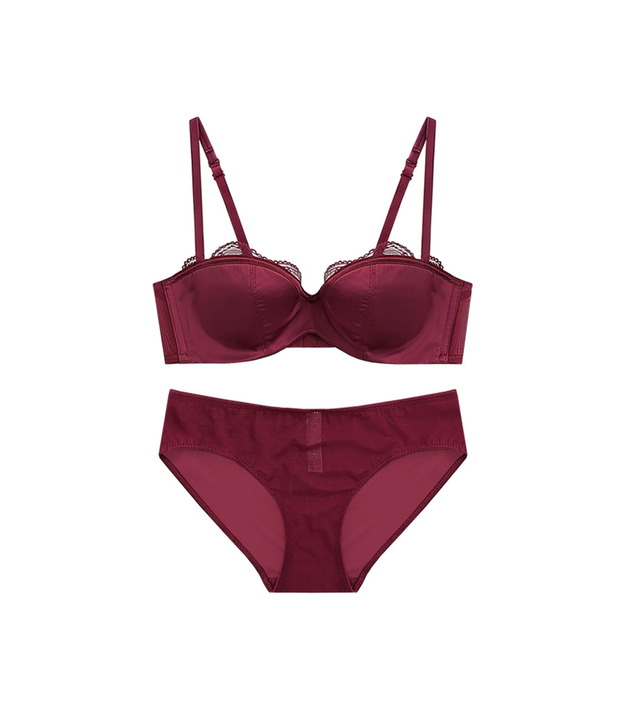 Sexy Half Cup Pearlite Satin Lace Concentrated Push-up Bra Set Bright Red