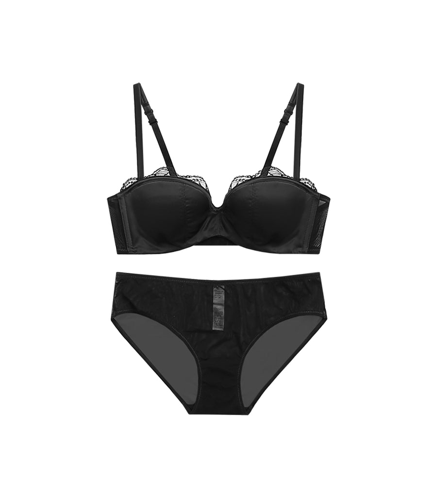 Sexy Half Cup Pearlite Satin Lace Concentrated Push-up Bra Set Black