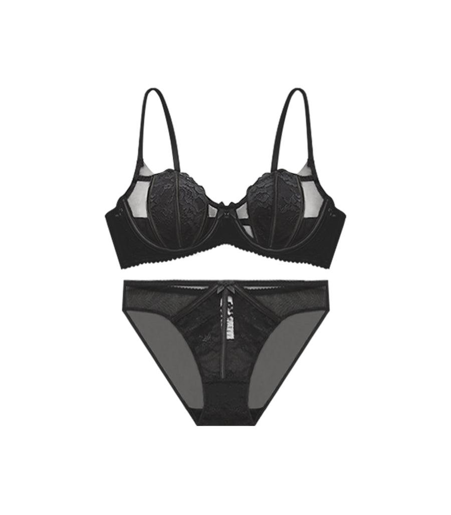 Jacquard Fabric Shell Cup Bra Set Black