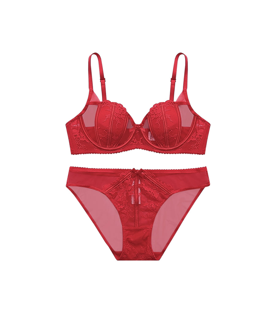Jacquard Fabric Shell Cup Bra Set Red