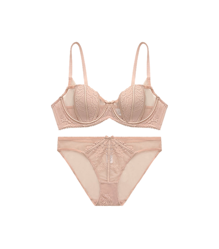 Jacquard Fabric Shell Cup Bra Set Pink