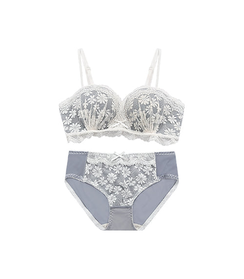 Push-up Lining Color Flower Laces Bralette Bra Set Grey Blue
