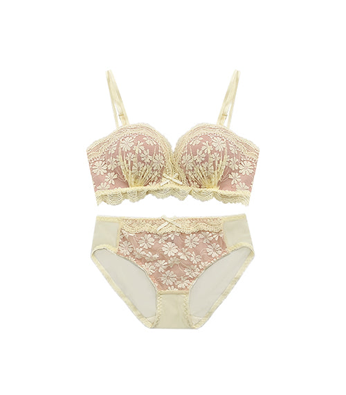 Push-up Lining Color Flower Laces Bralette Bra Set Pink