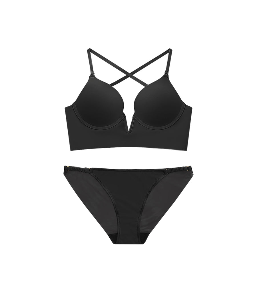 Deep V Sexy L-shaped Wired And Seamless Bra Set Black