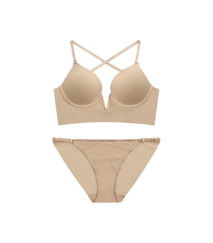 Deep V Sexy L-shaped Wired And Seamless Bra Set Nude