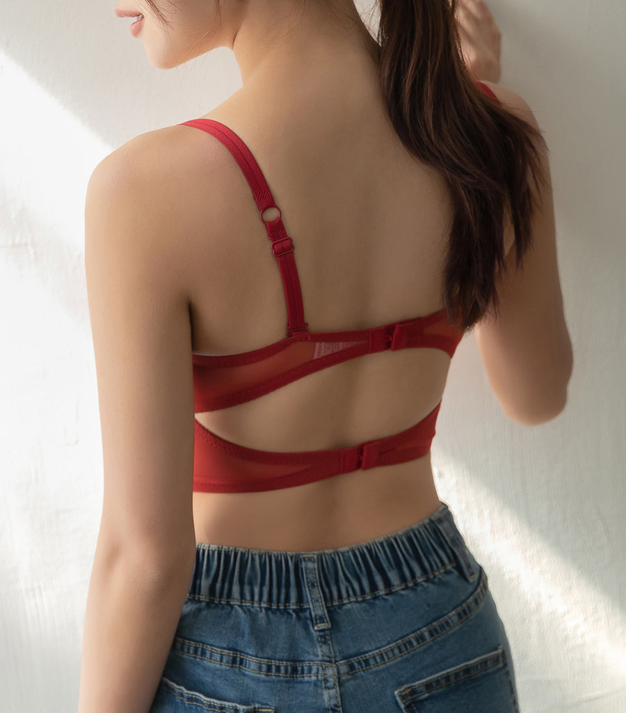 Laced Solid Levitate Gauze Half Cup Bra Set Red