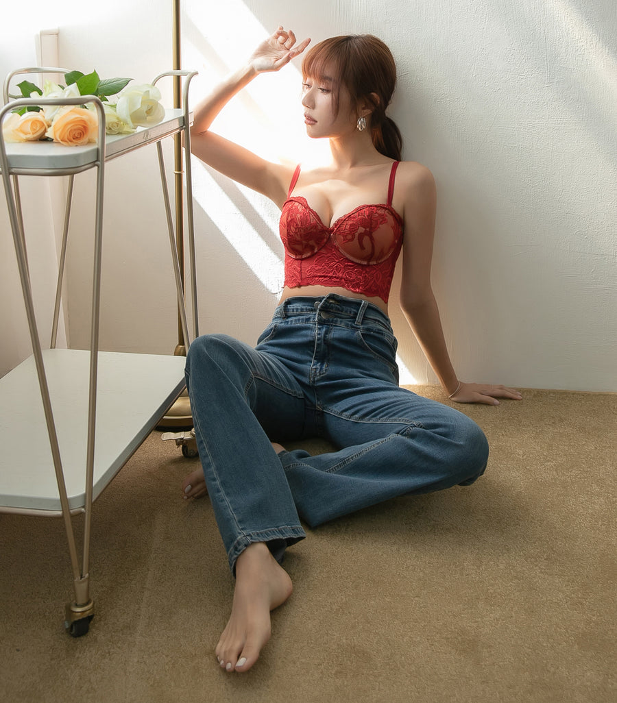 Laced Solid Levitate Gauze Half Cup Bra Set Red