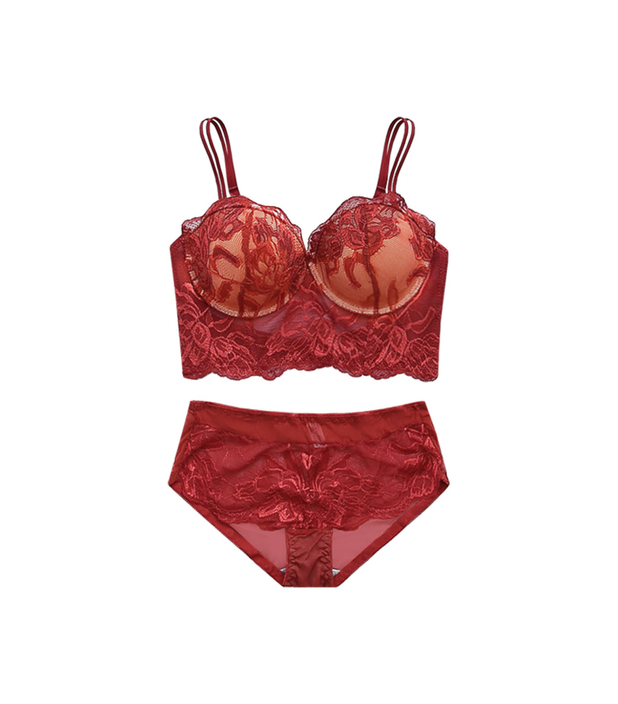 Laced Solid Levitate Gauze Half Cup Bra Set Red