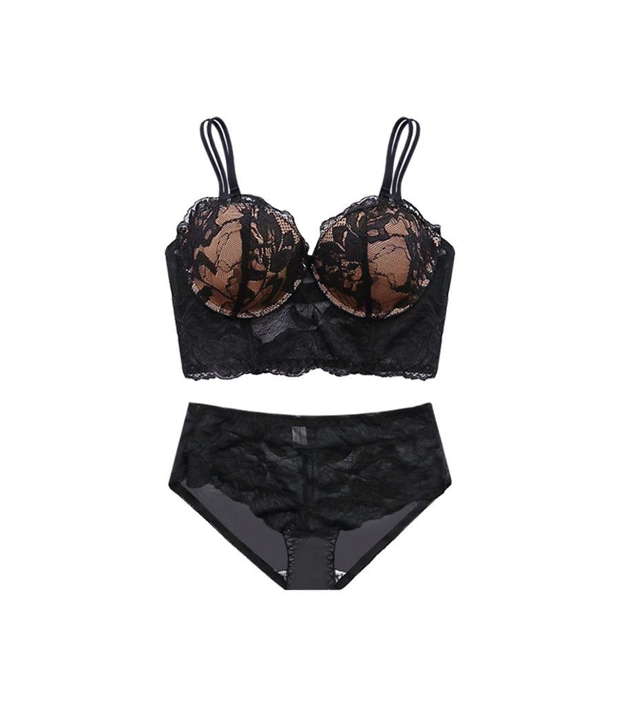 Laced Solid Levitate Gauze Half Cup Bra Set Black