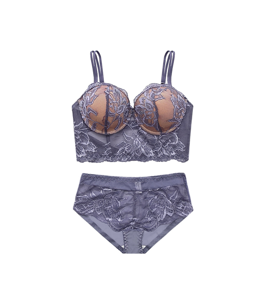 Laced Solid Levitate Gauze Half Cup Bra Set Purple
