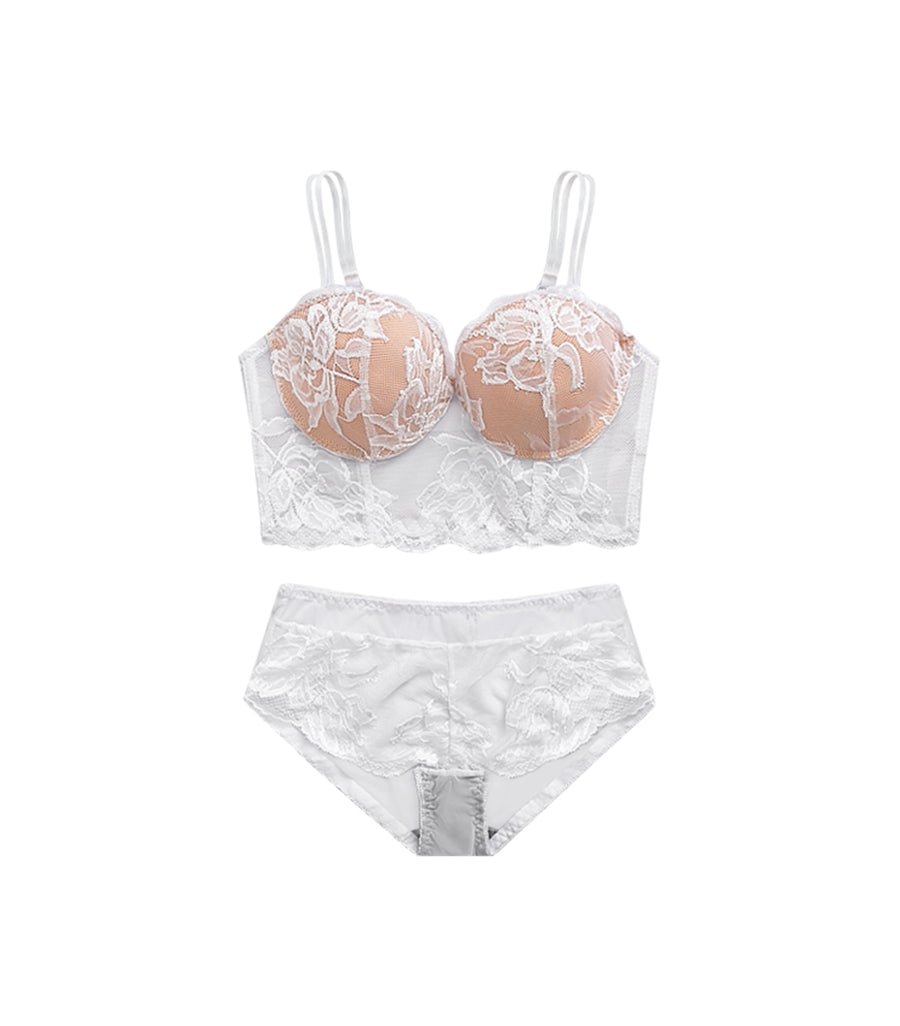 Laced Solid Levitate Gauze Half Cup Bra Set White