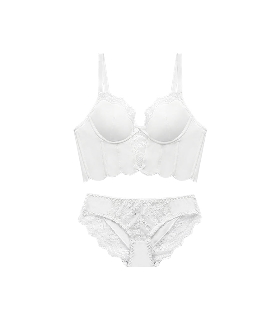 V-shaped Lace Sexy Translucent Light Wireless Vest Bra Set White
