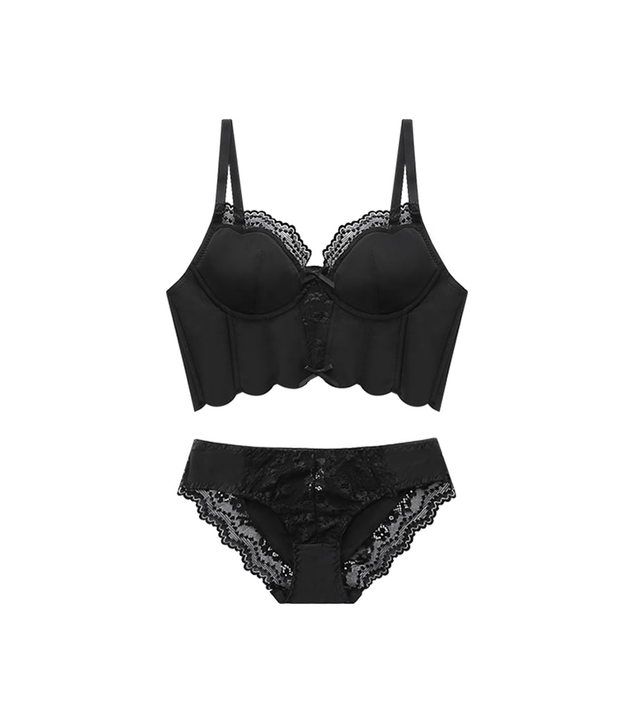 V-shaped Lace Sexy Translucent Light Wireless Vest Bra Set Black