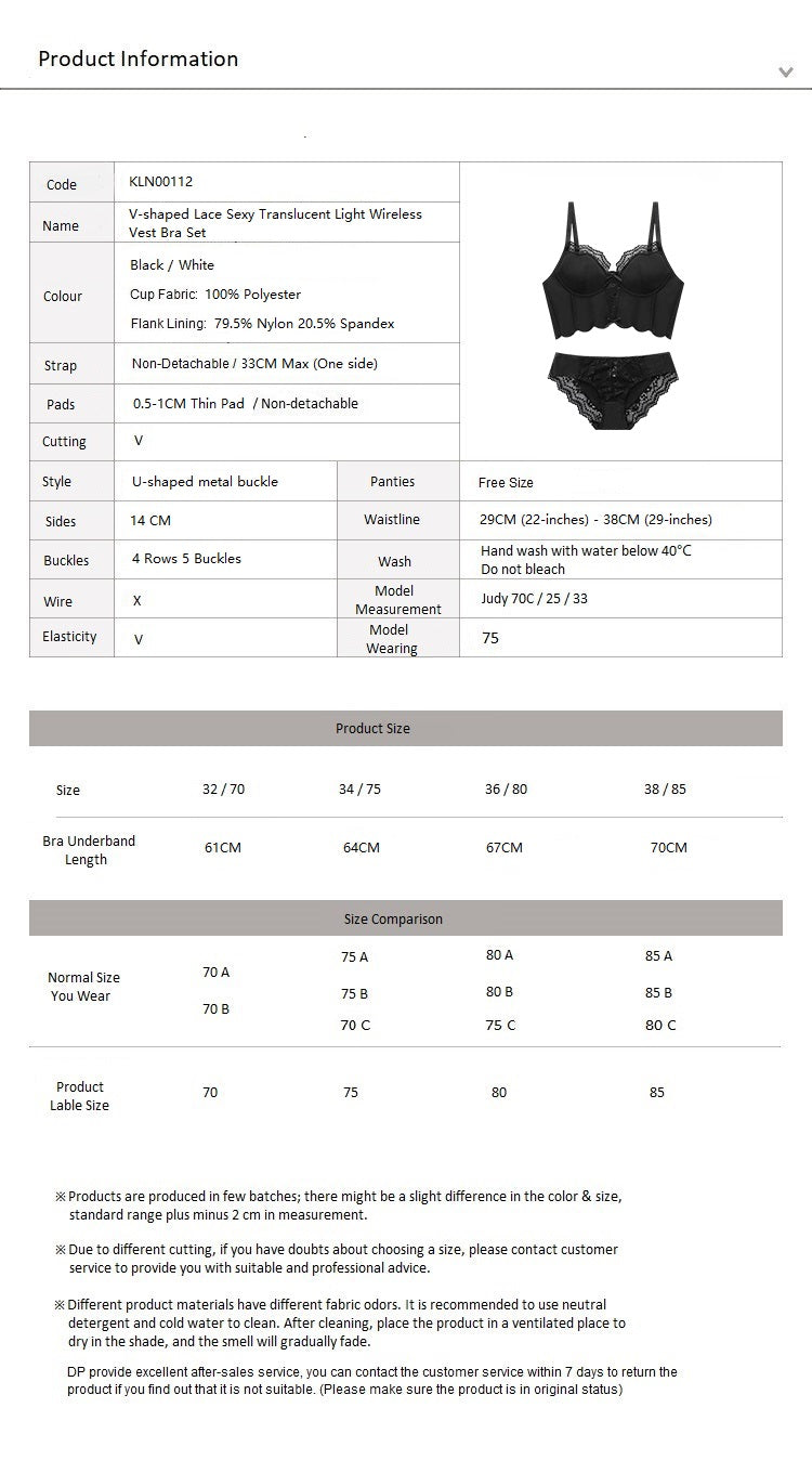 V-shaped Lace Sexy Translucent Light Wireless Vest Bra Set Black