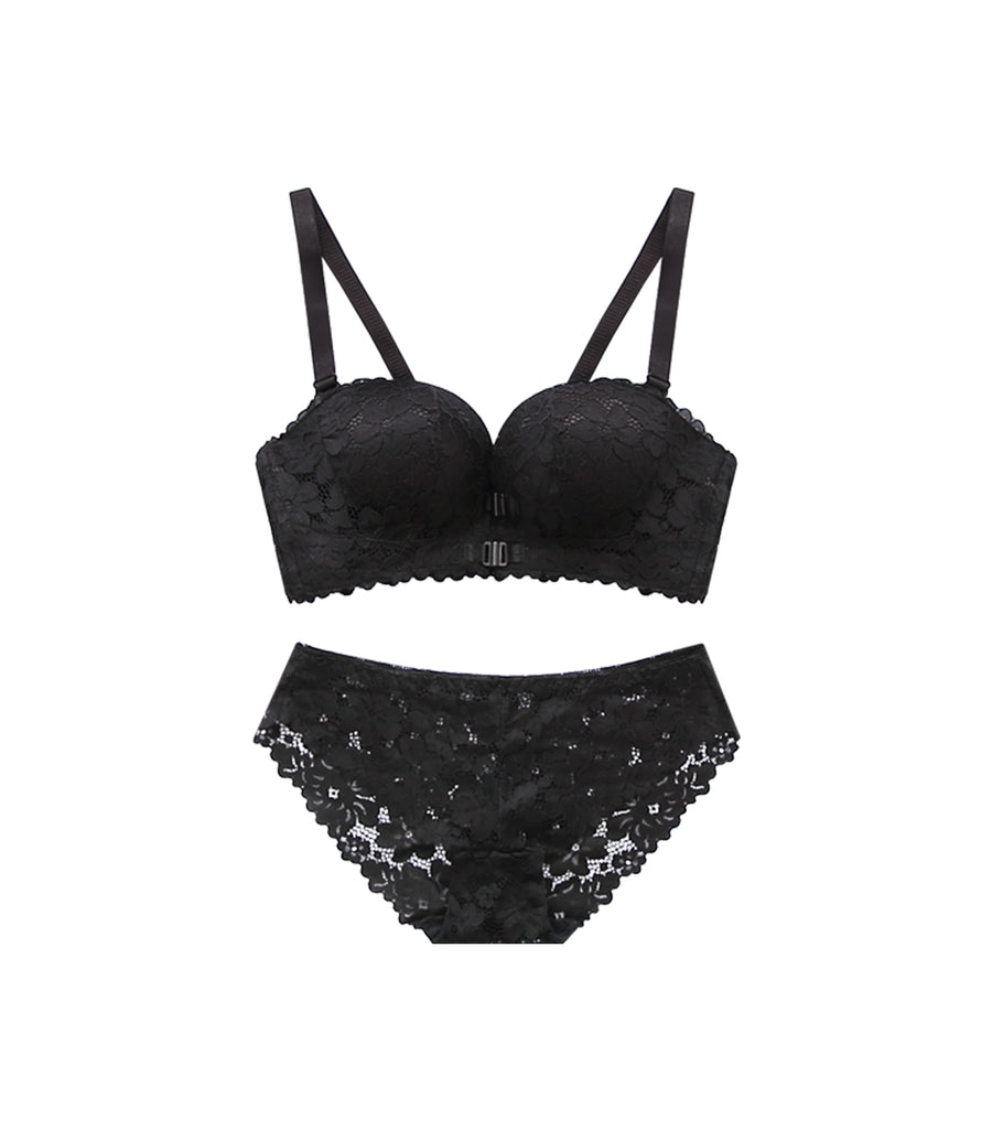 Plump Breast Front Buckle Laces Wireless Bra Set Black