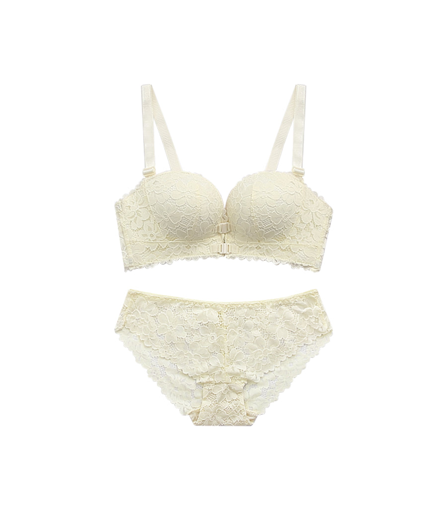 Plump Breast Front Buckle Laces Wireless Bra Set Cream