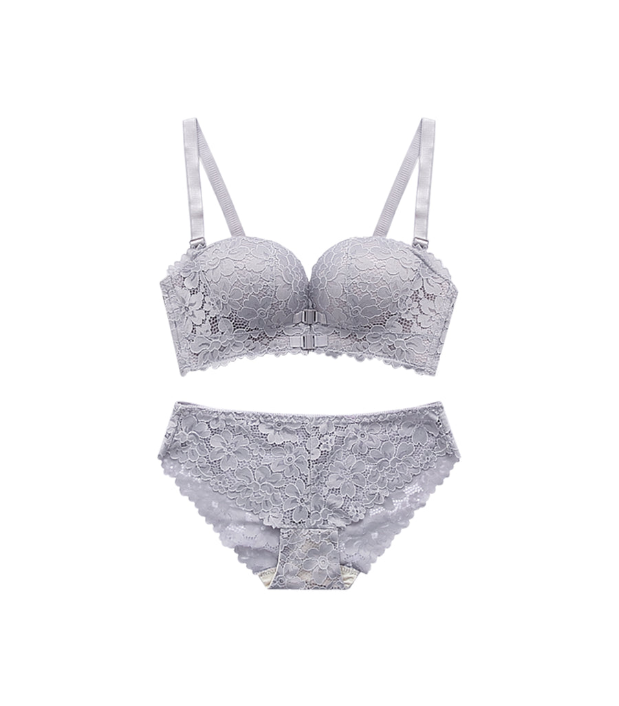 Plump Breast Front Buckle Laces Wireless Bra Set Grey Purple